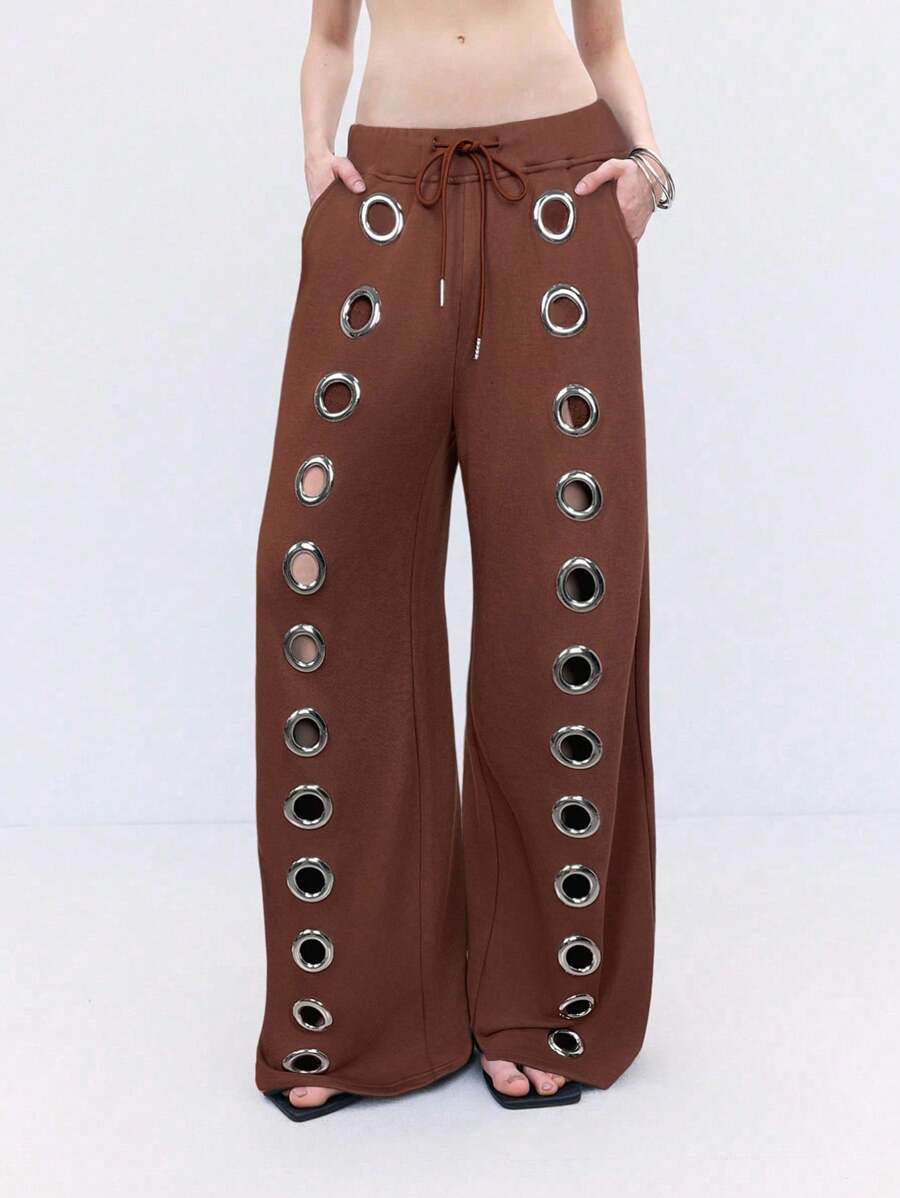 LYSMO 前卫孔眼设计宽松阔腿运动裤，棕色 - 棕色 - 查看 1