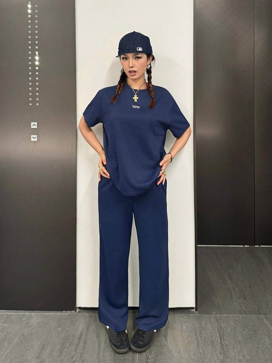 SHEIN Conjunto de sudadera de cuello redondo de manga larga y pantalones deportivos cómodos, casuales y holgados para adolescentes - Neblina azul - Ver 1