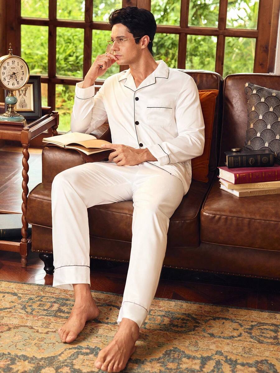 SHEIN Men Contrast Piping Lapel Collar Top & Pants PJ Set, White Pajama Set, Fall Clothes - White - View 1