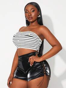SHEIN SXY Plus Size Women Black & White Striped Crop Top With Metal Buckle Decor, Knit - Black and White - View 7
