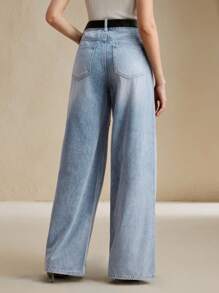 Anewsta 水钻装饰休闲百搭女式阔腿牛仔裤，日常穿着 - 白色 - 查看 2