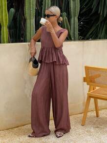 Livesso Damen Locker Lässig Weste und Hose 2-teiliges Set, Herbst