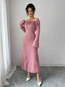 Elenzga Women Off-Shoulder Ruffle Hem Knit Sweater Dress Fall Winter Cloth For Women - Pink - View 4