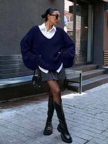 EURMUSE 休闲超大深V领双喇叭袖毛衣 - 藏蓝色 - 查看 1