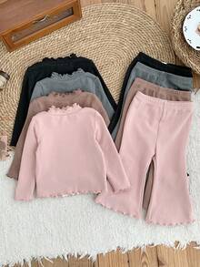 LMoss Kids 8件套女婴针织波浪领T恤和裤子套装 - 彩色 - 查看 2