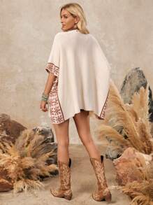 LanaWest 女士针织披肩提花雪花图案波西米亚风格宽松开衫 - 米色 - 查看 2