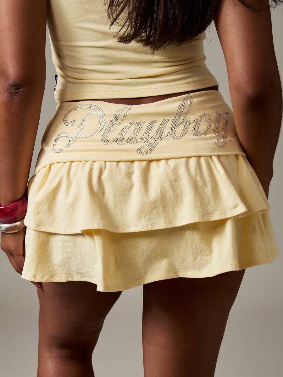 Missguided x Playboy Ruffled Mini Skirt With Logo Design Tiered Summer Festival Beachwear Ruffle Flirty Party Wear Layered Ballet Style - Yellow - View 1