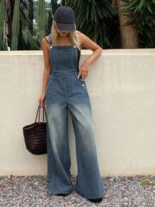 DAZY 女式夏季宽松休闲牛仔背带裤 - 藍色 - 查看 4