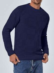 SHEIN Cottnline Men's Round Neck Long Sleeve Sweater - Navy Blue - View 4