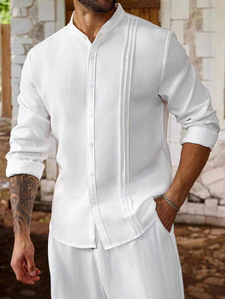 ResortEase 男士加大码休闲宽松纯色长袖衬衫，轻松风格男士长袖白立领衬衫，百搭，秋季 - 白色 - 查看 1