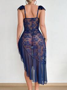 SHEIN 2 件套：性感蕾丝撞色网眼不对称荷叶边下摆长裙 + 丁字裤