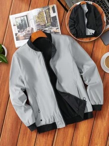 Manfinity Homme 男士长袖休闲双面简约飞行员夹克，男士拉链夹克，休闲夹克，轻薄夹克，秋季款