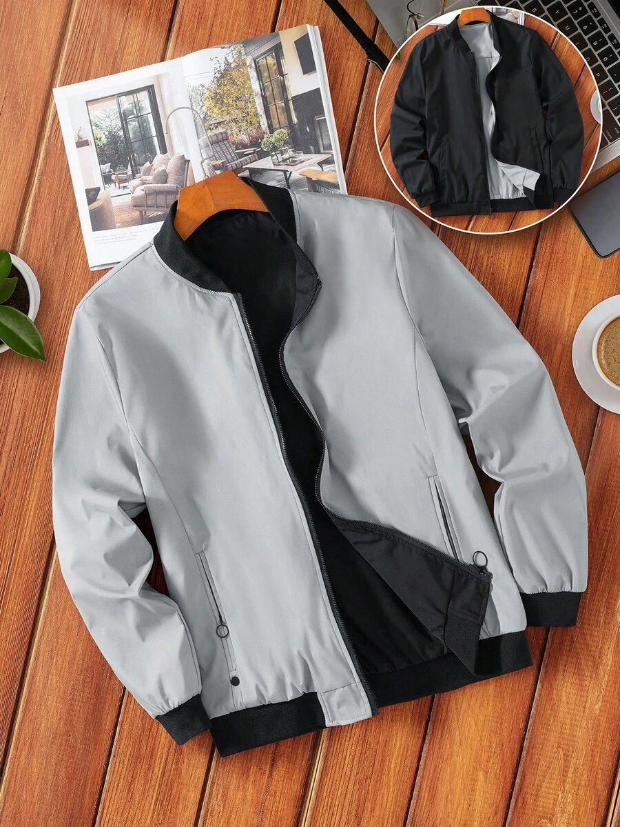 Manfinity Homme 男士长袖休闲双面简约飞行员夹克，男士拉链夹克，休闲夹克，轻薄夹克，秋季款