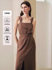 Uhlyne 优雅女士秋季亚麻长裙，配有可拆卸腰带，时尚办公室和度假装，棕色 - 棕色 - 查看 3