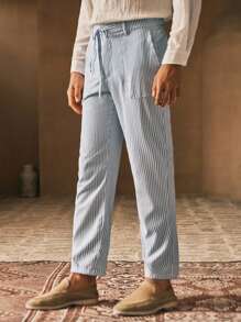 Manfinity VCAY Men's Casual Woven Striped Mid-Waist Tapered Pants - Blue and White - View 5