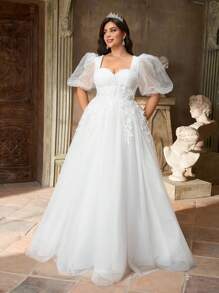 Aureia Đầm Maxi bồng bềnh cổ tim màu trắng thanh lịch lãng mạn quyến rũ tay bồng phóng đại đính hạt trang trí hoa cỡ lớn, thích hợp cho kỳ nghỉ, tuần trăng mật, dạ hội, đám cưới, váy cưới - trắng - Xem 5