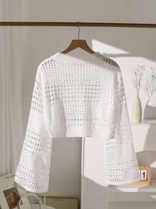 Teen Girl Casual Versatile Solid Color Hollow Knitted Sweater White Cropped Sweater Cropped Sweater White Sweater Knit Top Long Sleeve Crop Top Casual Short Knit Sweater For Teens With Round Neck And Three Quarter Length SleevesEveryday White Semi-Sheer Cropped Pullover For Teen Girls With Tight Hem Detail White Knit Pullover For Teen Girls With Drop Shoulder Sleeves And Semi-Sheer Design Teen Girls Short Knit Pullover With Round Neck And Tight Hem For Everyday Wear Open Knit Sweater White Knit Fall Winter - White - View 2