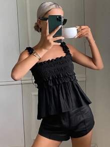 DAZY Damen einfarbiges figurbetontes Spitzen-Schnürung Schwarz Lässig Urlaubs-Trägertop, Ausgehen