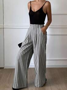 DAZY Pantalones anchos de pierna ancha a rayas holgados con cinturón para mujer, pantalones casuales de vacaciones para otoño