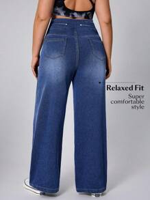 SHEIN CURVE+ 大码女式蓝色松紧腰休闲阔腿牛仔裤，牛仔牛仔风格 - 藍色 - 查看 2