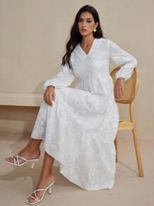 Mulvari 法式优雅纯色刺绣度假连衣裙 - 白色 - 查看 3