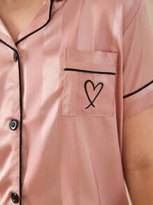 SHEIN 2pcs/Set Girls Teen Cute Casual Plaid Heart Embroidery Comfortable Short Sleeve Top & Pants Loungewear ,Summer,Travel