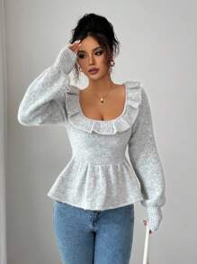 Selianne Women Solid Color Long Sleeve Ruffle Hem Fitted Sweater Fall Winter Cloth For Women - Grey - View 3