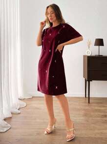 EURMUSE Women Rhinestone Embroidery Detailed Mini Sweat Dress - Burgundy - View 3