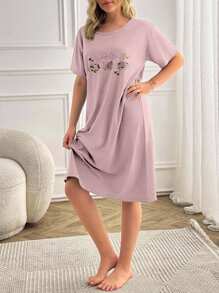 EURMUSE Women Contrast Colour Cute Animal Prints Basic Homewear Sleepdress - Coral Pink - View 5