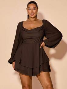 SHEIN BAE 大码女式垂坠领长袖连体衣，休闲日常/节日/派对装，黑色纯色，A 字廓形，缎面面料，性感甜美 - 咖啡棕 - 查看 3