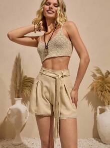 Bóhologie Elegantes shorts de lino de talle alto con lazo llamativo - Esencial veraniego elegante con detalles de encaje delicado - Tela ligera y transpirable para una comodidad sin esfuerzo - Silueta fluida con un toque femenino - Perfecto para escapadas a la playa, estilo de resort y looks de lujo casual - Básico versátil del armario para una estética veraniega atemporal y sofisticada