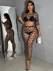 Ladies' Sexy Top & Pants Mesh Outfit, 2pcs/Set For Going Out - Black - View 1