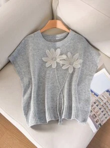 CosyJoli 女士加大码圆领无袖灰色针织毛衣，胸前 3D 花卉设计，休闲时尚套头衫，适合通勤和日常穿着，2025 年新品 - 灰色 - 查看 2