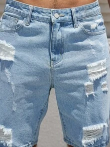 Manfinity LEGND Stylish Light Wash Distressed Denim Bermuda Shorts For Men Perfect For Relaxed Summer Boyfriend & Husband Washed Blue Loose Wide Leg For Going Out Denim Shorts