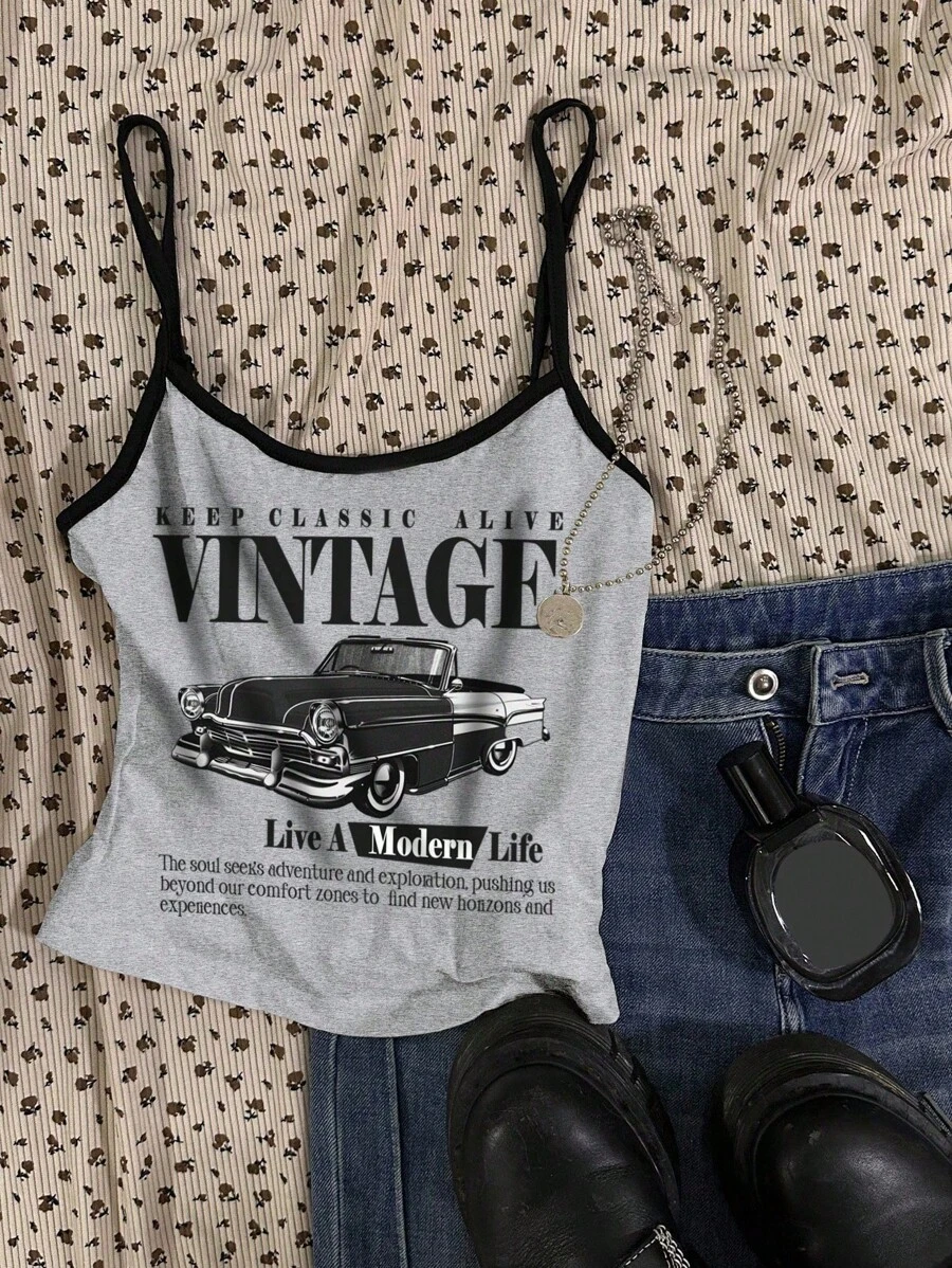 SHEIN Explorewe 青少年休闲复古汽车图案吊带背心，撞色饰边，四季皆宜 - 灰色 - 查看 1