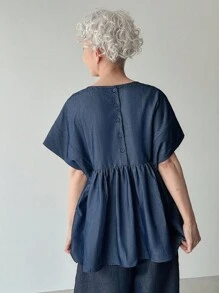 FRIFUL 女式纯蓝色圆领短袖后扣褶皱宽松休闲百搭牛仔衬衫，适合机场、度假 - 藍色 - 查看 4