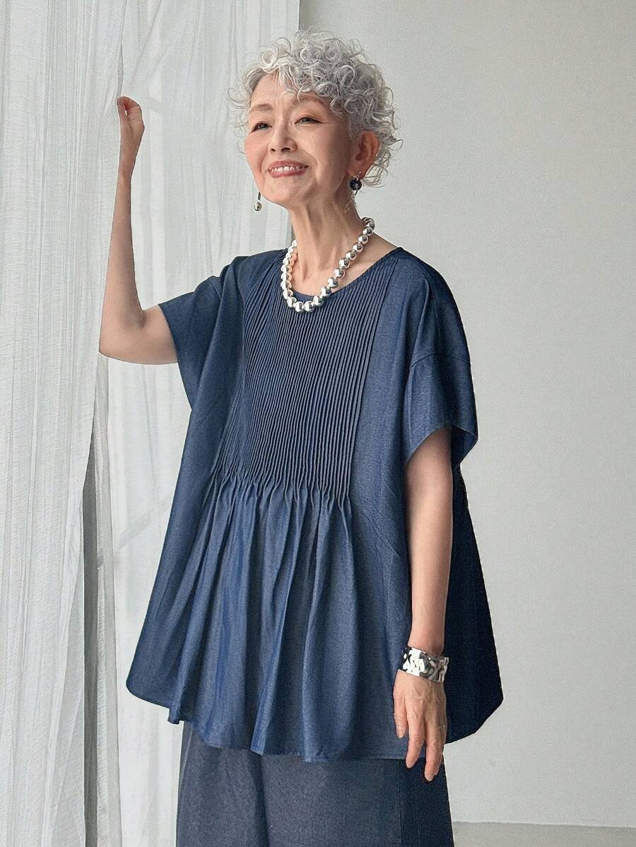 FRIFUL 女式纯蓝色圆领短袖后扣褶皱宽松休闲百搭牛仔衬衫，适合机场、度假 - 藍色 - 查看 1