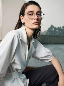 Uhlyne Women's Fashion Simple Turndown Collar Metal Detail Mid-Sleeve Casual Blouse,White Light Weight Blazer Shirt,Easy Care,Little Strech,Autumn,Minimalist,Work Wear,Teacher Outfits,Back To School,Fall ,Neutral Clothes,Business Casual,Old Money Style All White - White - View 2