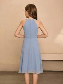 女童雪纺高领不对称下摆短裙，高端优雅，适合婚礼季、万圣节、舞会、生日派对、毕业典礼 - 藍色 - 查看 2