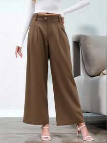 Modelyn Women French Elegant Style Button Closure Loose Wide Leg Pants, Solid Color Fall Cloth For Women - Khaki - View 4