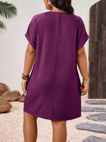 SHEIN LUNE CURVE Plus Size Solid Color V-Neck Roll Up Sleeve Midi Casual Spring Sun Dress - Purple - View 2