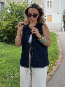 Jeta Ari Women's Denim Vest With Bow Decoration - Dark Wash - View 4