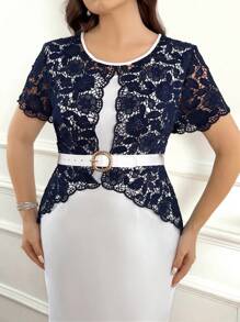 Ellevyn Đầm ren tương phản cổ tròn tay ngắn thanh lịch cho nữ cỡ lớn - Xanh và trắng - Xem 8