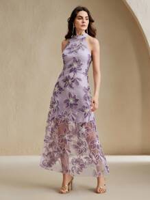 Anewsta 夏季优雅女士针织网眼刺绣白色撞色高端定制挂脖黑色连衣裙 - 淡紫色 - 查看 7