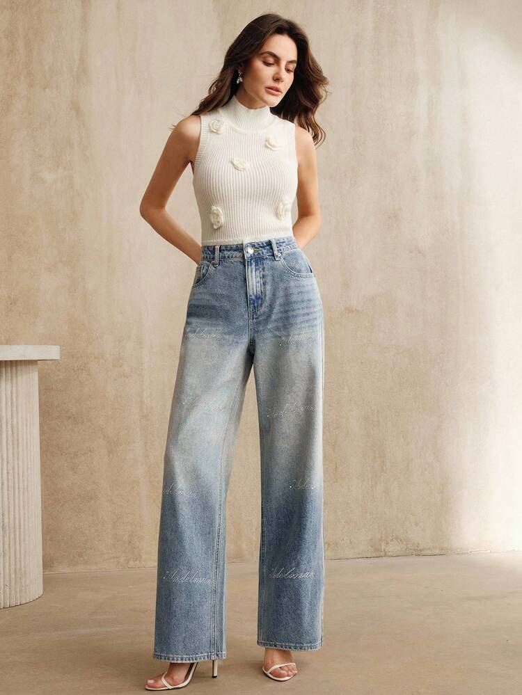 Women's Casual Washed Blue Straight Leg Jeans