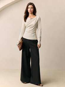 BizChic 2025 年夏季新款杏色宽松领口褶饰设计长袖女式上衣 T 恤，商务休闲日常通勤优雅海滩度假装，适合婚礼宾客、乡村音乐节、早午餐、机场、90 年代复古、斯堪的纳维亚、7 月 4 日 - 杏色 - 查看 2