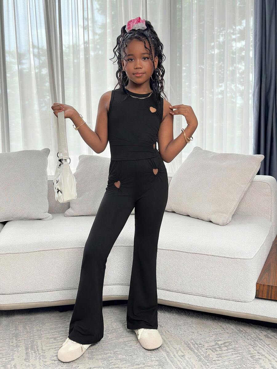 Tween Girl Black Summer It Girl Knitted Heart Cutout Sleeveless Cropped Top And Flared Pants Set,Casual Back To School Sweet Cool Bell Bottom Pants - Black - View 1