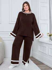 EURMUSE 1pc Contrast Trim Drop Shoulder Sweater & 1pc Knit Pants - Brown - View 3