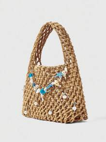 ROMWE Fairycore 1 件深蓝色海洋元素编织沙滩包，夏季假期风格，包含 1 个包和 1 套配件，适合 DIY 女士手提包 - 米色 - 查看 5