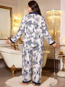 LuxeNights Große Größen Kontrast Kragen Tropische Pflanzen & Tier Muster Kurven Pyjama Sets, Herbst Winter Kleidung, gemütliche Outfits